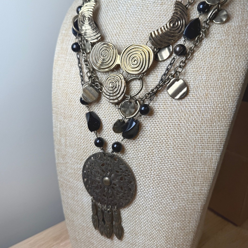 Boho Statement Layered Necklaces Bundle Antique Bronze Black Beads Lot of 3